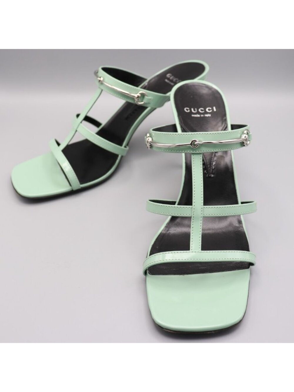 Gucci Regent Pacific Green Leather Slim Horsebit Sandals 38.5 8.5 Square Toe - Picture 10 of 14